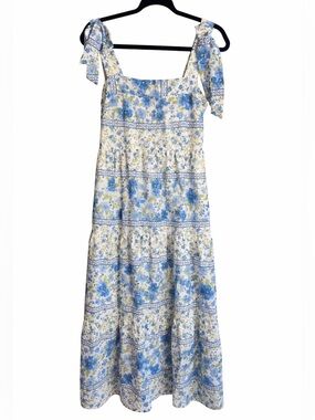 By the River Blue Floral Tie Strap Midi Dress Boho Cottagecore Sz Small